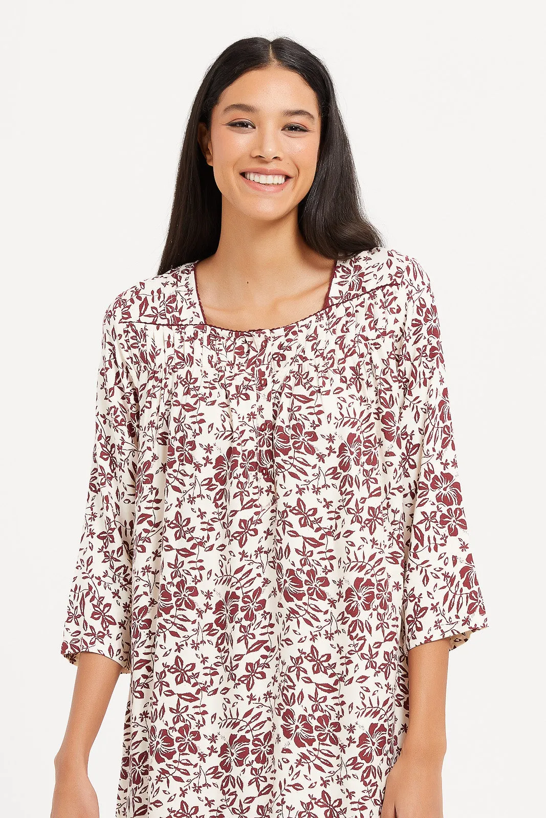 Women Cream And Burgundy Printed Nightgown