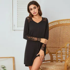 Women Homewear Pajamas Long Sleeve Lace Stitching Mock Fly Imitation Cotton Home Nightdress Women