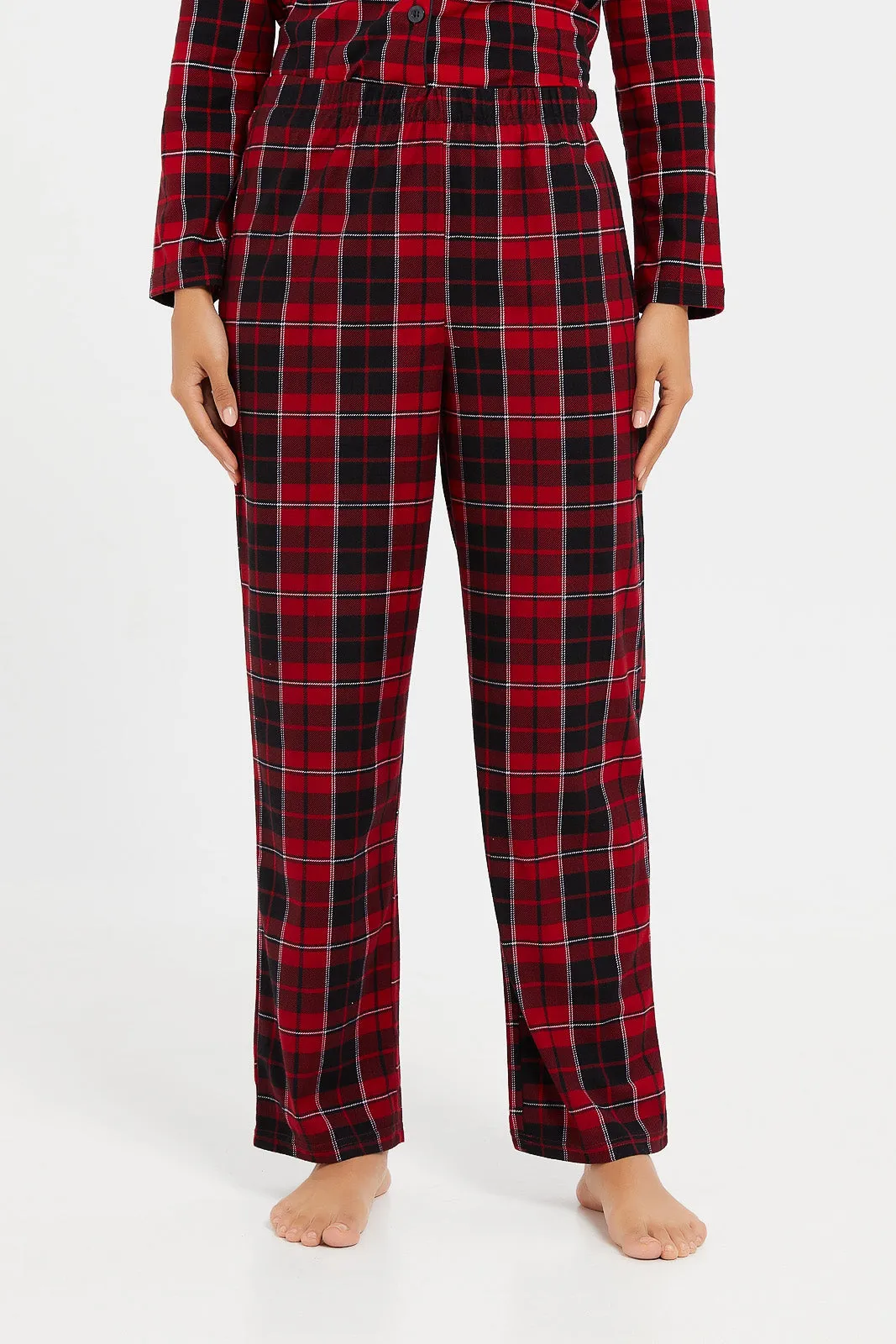 Women Red And Black Checkered Pyjama Set (2 Piece)