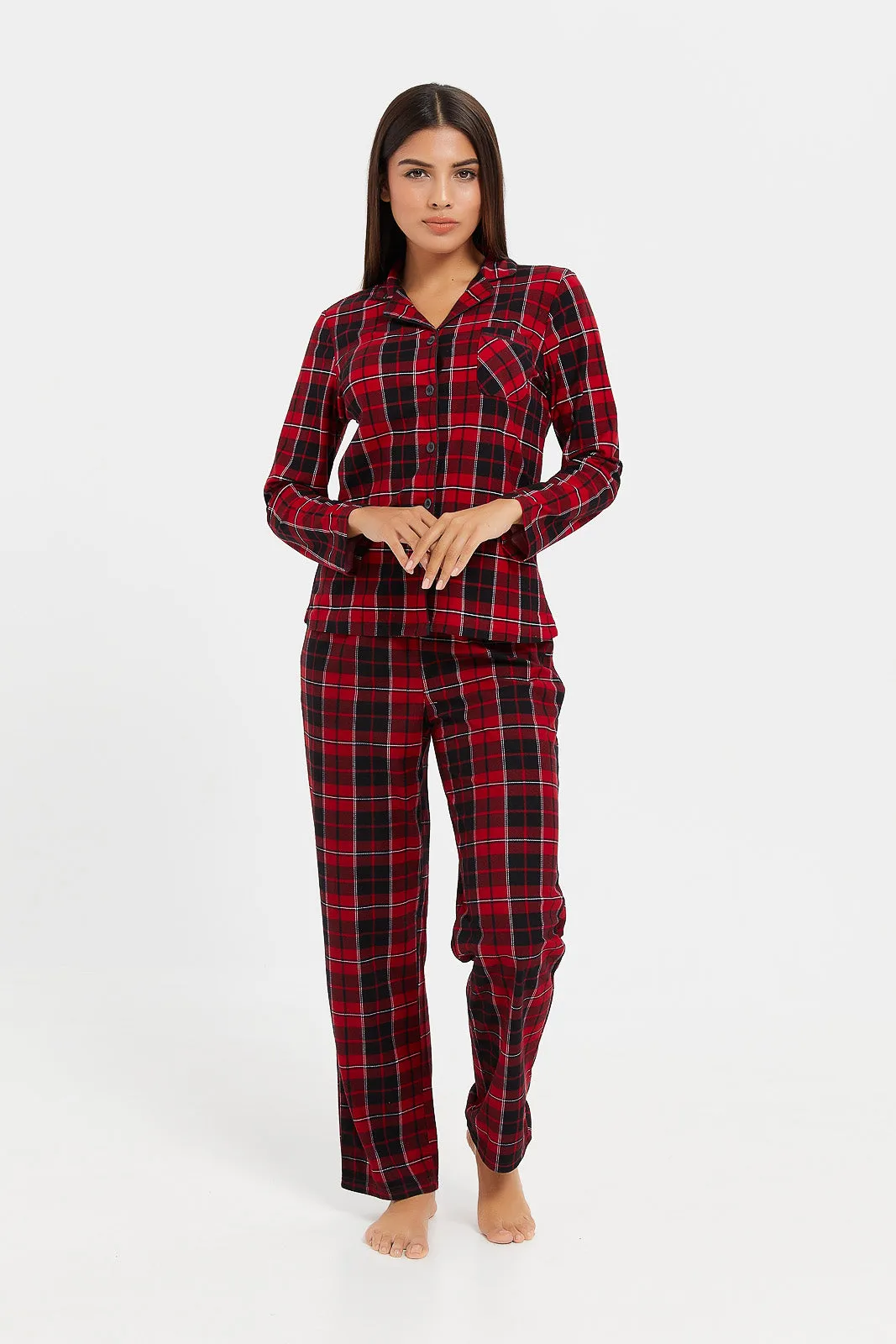 Women Red And Black Checkered Pyjama Set (2 Piece)