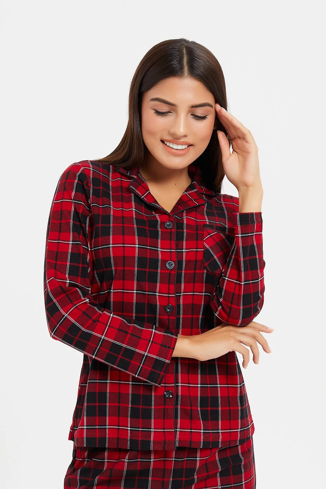 Women Red And Black Checkered Pyjama Set (2 Piece)