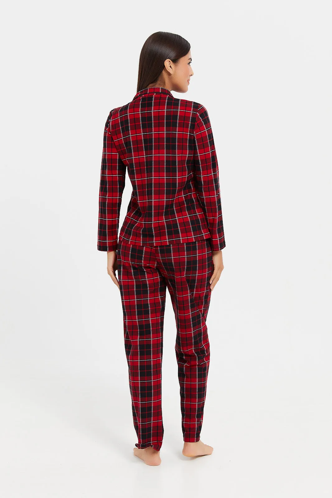 Women Red And Black Checkered Pyjama Set (2 Piece)