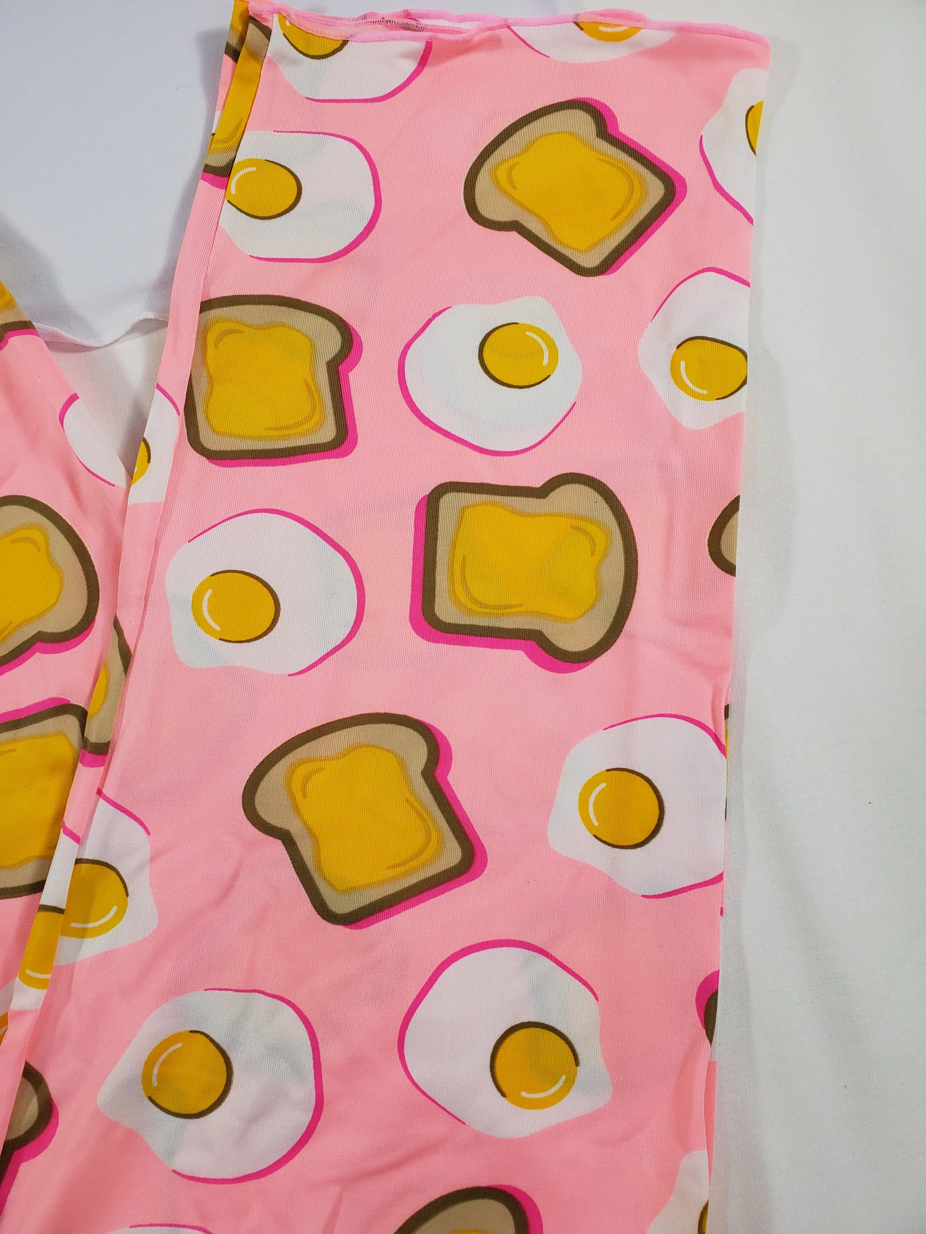 Women's Pajama set pink pants fried eggs and toast theme white blouse