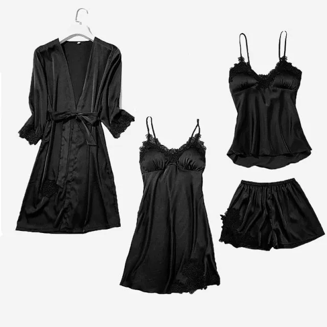 Women's Silk Satin Pajama Set Cami Top Nightgown Lace Night Robe Sexy Sleepwear Robe Sets Nightdresstin Lace 5pcs Pajamas Set