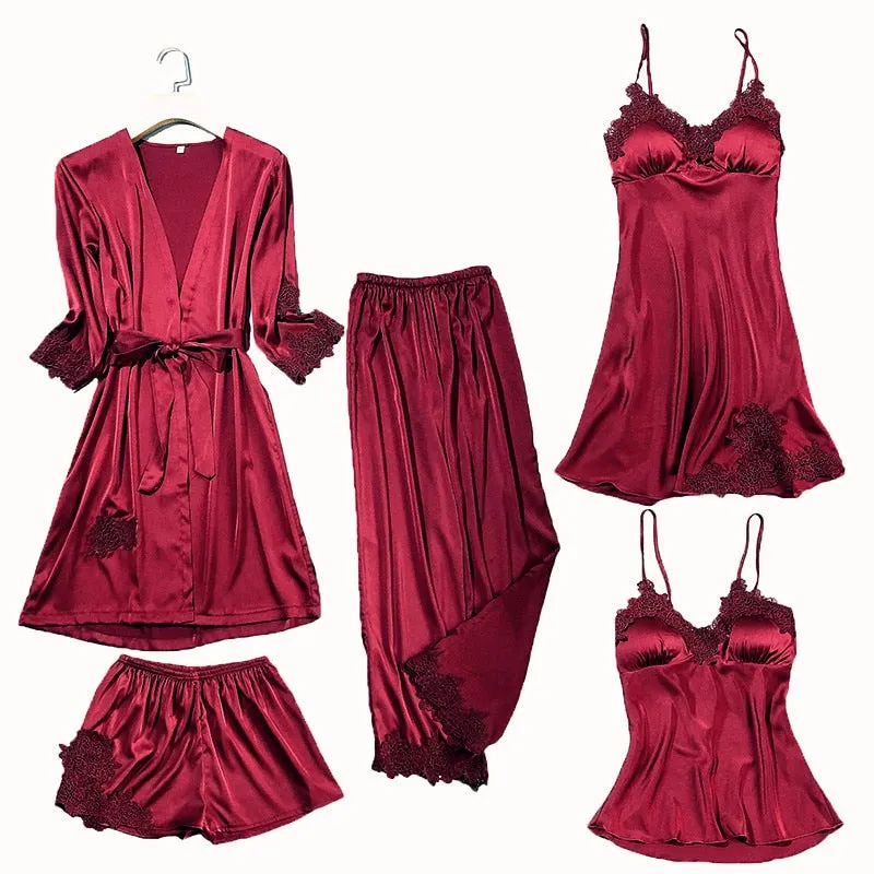 Women's Silk Satin Pajama Set Cami Top Nightgown Lace Night Robe Sexy Sleepwear Robe Sets Nightdresstin Lace 5pcs Pajamas Set