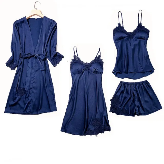 Women's Silk Satin Pajama Set Cami Top Nightgown Lace Night Robe Sexy Sleepwear Robe Sets Nightdresstin Lace 5pcs Pajamas Set