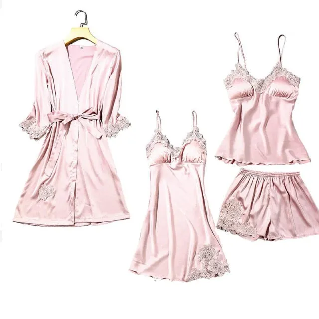 Women's Silk Satin Pajama Set Cami Top Nightgown Lace Night Robe Sexy Sleepwear Robe Sets Nightdresstin Lace 5pcs Pajamas Set