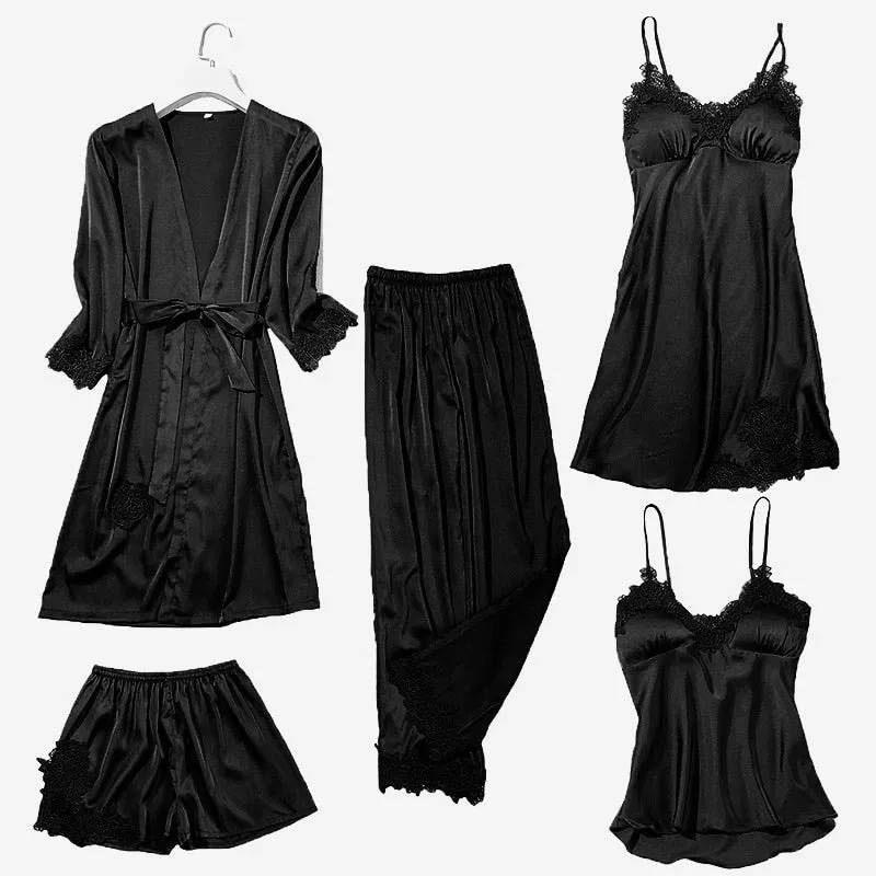 Women's Silk Satin Pajama Set Cami Top Nightgown Lace Night Robe Sexy Sleepwear Robe Sets Nightdresstin Lace 5pcs Pajamas Set