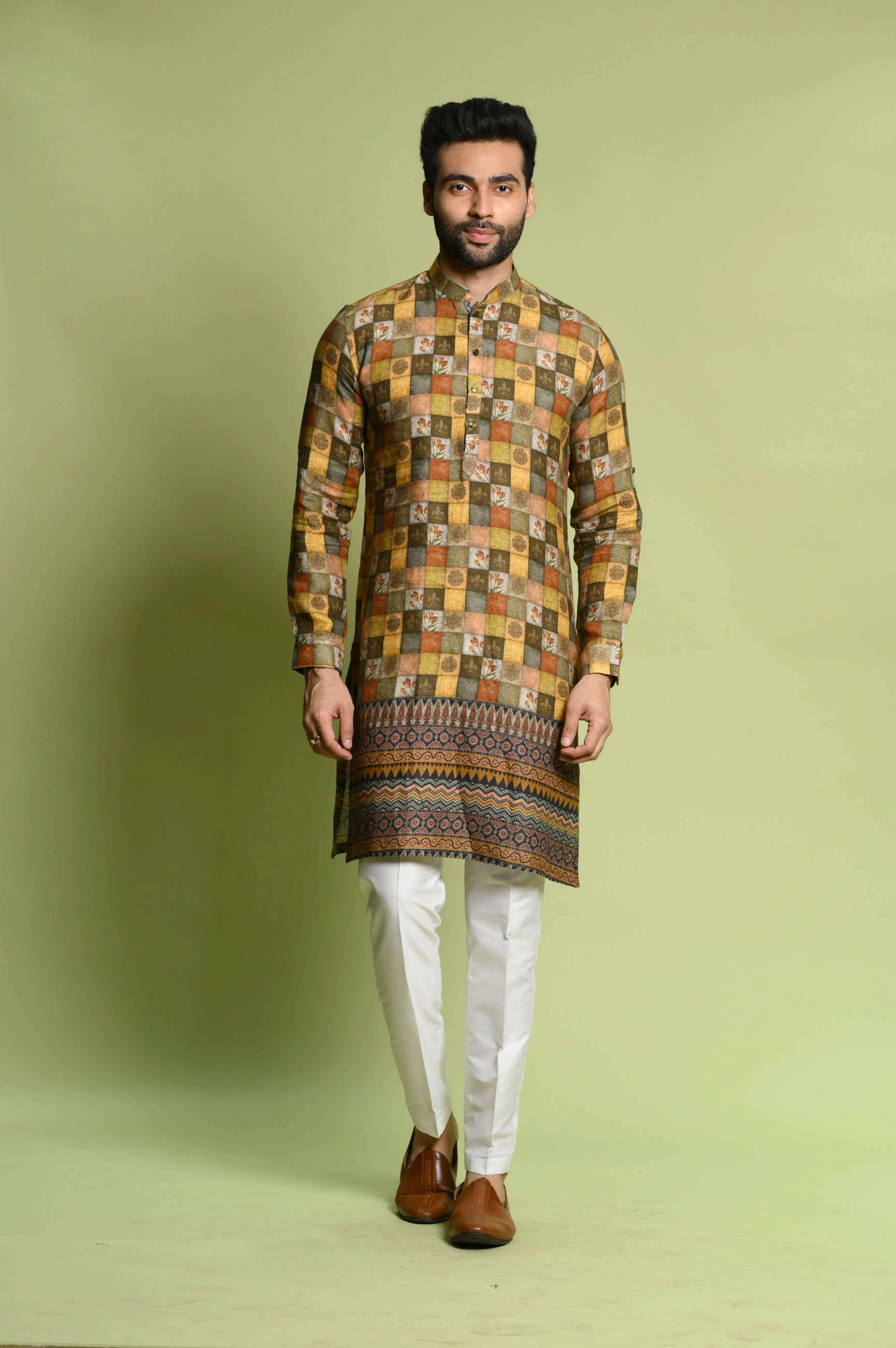 Yellow Linen Kurta Top in Digital Prints