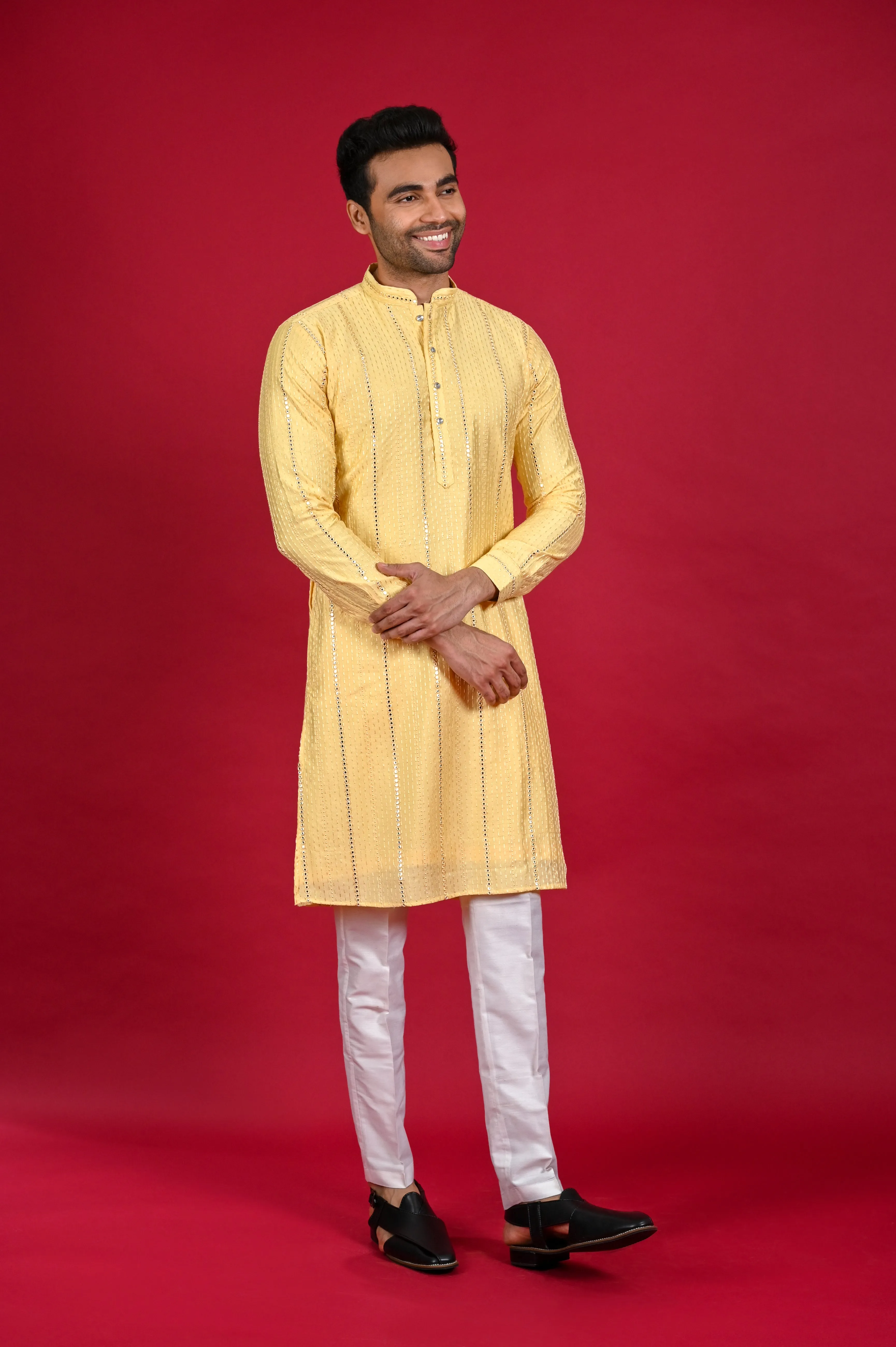 Yellow Mirror Work Kurta Set for Men