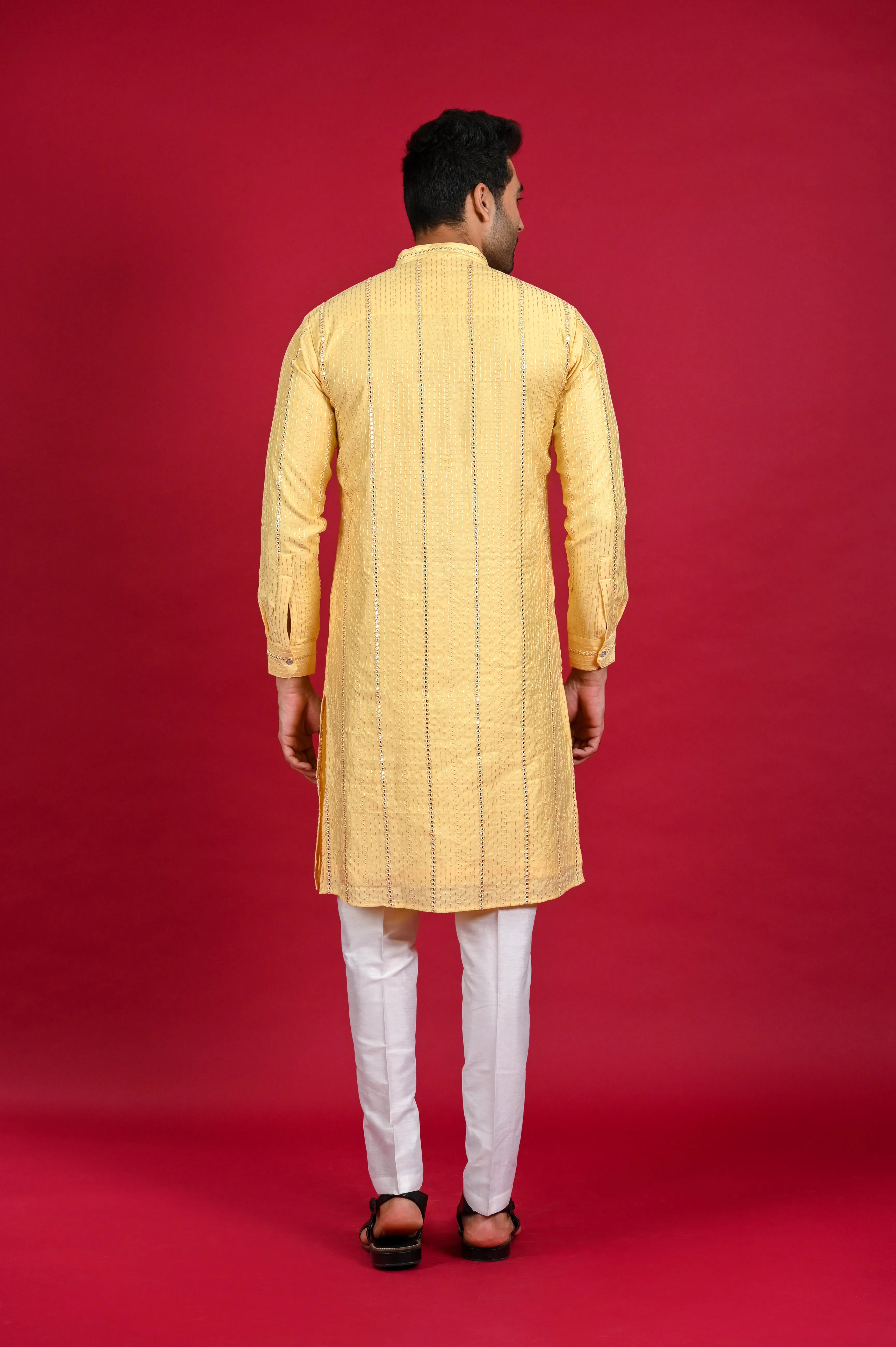 Yellow Mirror Work Kurta Set for Men